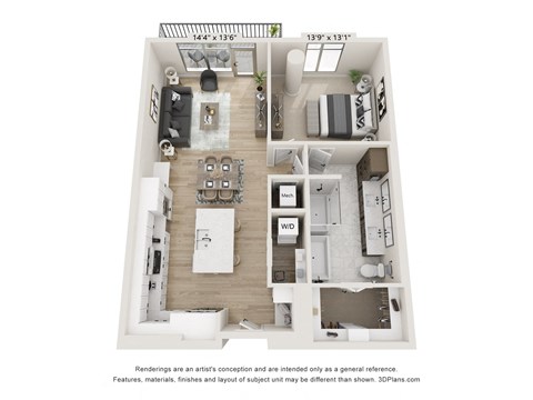 Floor plan for 1 bed, 1 bath, 1036 sqft